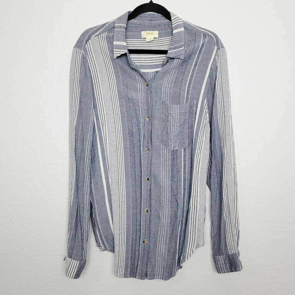 Anthropologie Maeve Womens Button Front Shirt Size L Striped Blue White Pocket